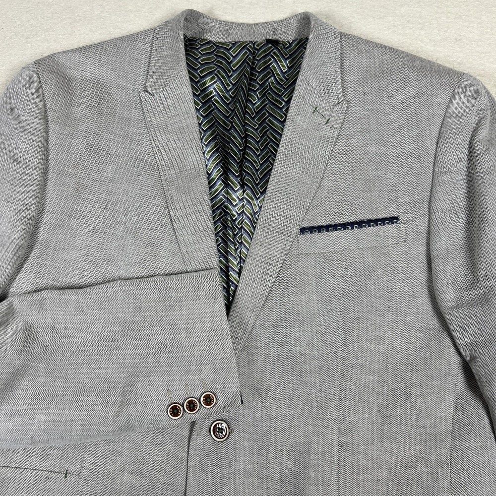 Ted Baker Herringbone‎ Blazer Mens 6 44L Sport Coat Tall Fit Gray Linen Cotton - Picture 2 of 14